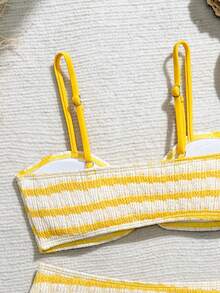 SHEIN 少女条纹荷叶边比基尼套装，适合海滩度假 - 黃色 - 查看 4