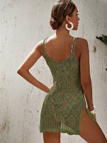 Swim Vcay Vacation Beach Solid Color Hollow Out Knit Cover Up - Army Green - View 2