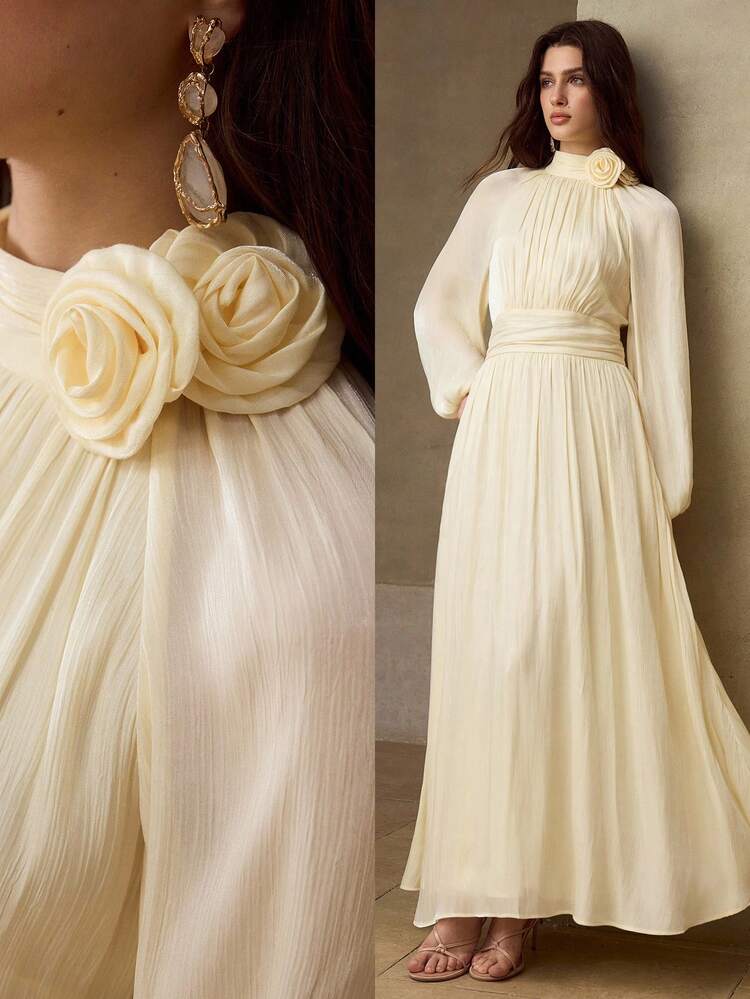 Women's Solid Color 3D Floral Decor Raglan Sleeve Elegant Dress