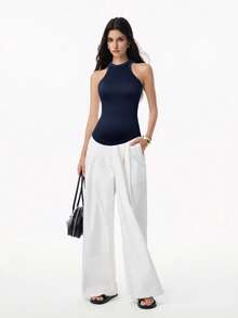 LYSMO 女士藏蓝色罗纹弧形下摆吊带背心，休闲日常露背吊带背心，藏蓝色修身女士吊带背心 - 藏蓝色 - 查看 4