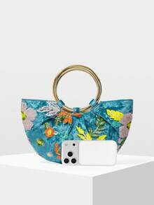 MOTF PREMIUM WOMEN'S HANDBAG, EXQUISITE EMBROIDERED BEADED SEMI-ROUND TOTE BAG - Cadet Blue - View 6