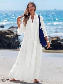 Sylviya 女士休闲V领娃娃连衣裙，白色连衣裙 - 白色 - 查看 6