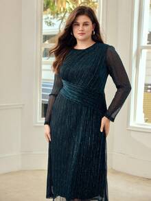 PREMIUM PLUS PLEATED METALLIC MESH ROUND NECK LONG SLEEVE DRESS, SUITABLE FOR AUTUMN/WINTER PARTY & DATE - Teal Blue - View 4