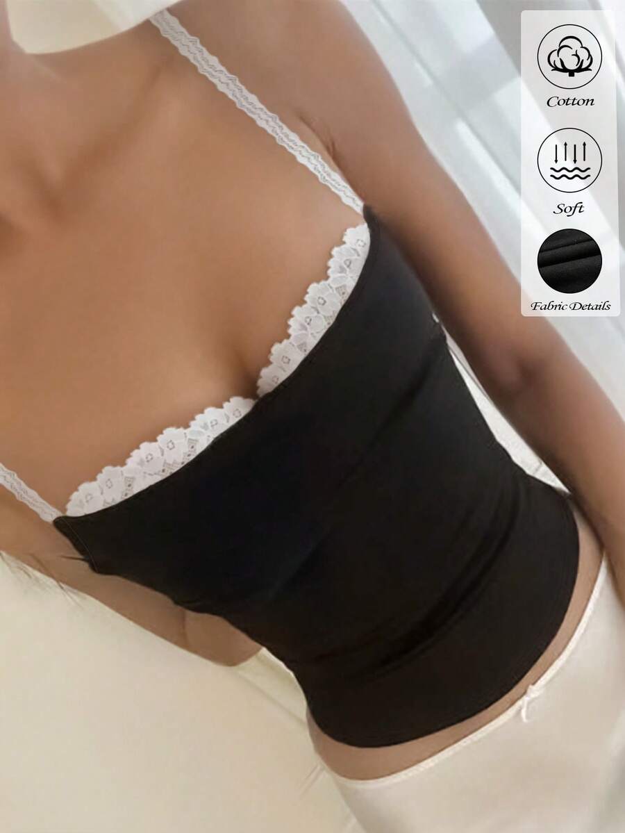 INAWLY 女士新款吊带背心,春夏新款马甲,夏季新款黑色吊带衫,性感黑色吊带衫,复古蕾丝拼接上衣,休闲撞色蕾丝拼接吊带衫,低胸撞色紧身吊带衫,Y2K夏季黑色吊带衫,黑色基础款上衣,简约紧身吊带衫,适合日常穿着、外出、散步、购物、聚会、度假、运动的夏季吊带衫,四季皆宜,适合叠穿 - 黑色 - 查看 1