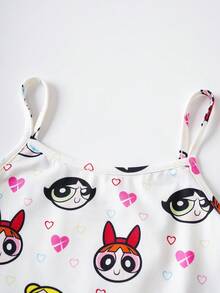 THE POWERPUFF GIRLS X SHEIN Conjunto de pijama de camiseta de tirantes y pantalones cortos con estampado completo de corazones de dibujos animados para niña en verano - Blanco - Ver 4