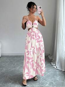Elenzga Women's Summer New Spaghetti Strap Tie-Waist Printed Dress (Floral Print) - Baby Pink - View 6