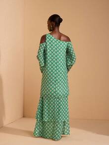 JIAN LASALA All-Over Print Chiffon Asymmetric Neck One-Shoulder Flared Sleeves Layered Maxi Dress - Green - View 2