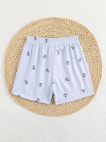 男童泳装，休闲简约度假轻薄蓝色条纹锚印花梭织面料抽绳腰带沙滩短裤，运动风格，适合夏季度假 - 藍白色 - 查看 2