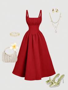 SHEIN MOD 女士纯色褶裥收腰无袖优雅中长连衣裙 - 紅色 - 查看 5