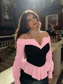 SHEIN MOD 大码女士优雅黑白露肩衬衫，简约时尚，休闲日常穿着，新年、街头风、办公室衬衫、长袖衬衫、新年女士套装、优雅上衣、哥特风、外出上衣、派对上衣 - 粉色 - 查看 6