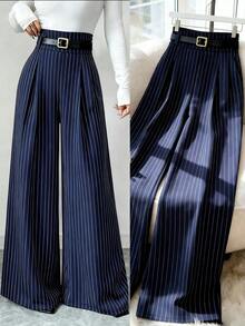 Selianne Damen neue marineblau gestreifte Anzughose, hochwertige Mode mit hoher Taille, eleganter plissierter Gummibund, gerade weite Beine, lässige Hose, geeignet für Frühling/Herbst, Büroalltag, vielseitig einsetzbar - marineblau - Übersicht 3