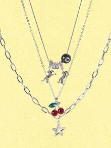 3pcs Leopard & Cherry Necklace Set, Red Cherry Necklace, Fashionable Star Necklace, Classic Leopard Necklace - Silver - View 1