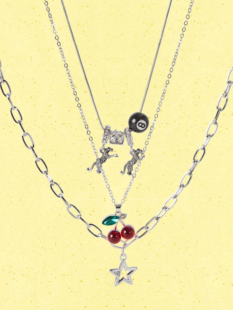 3pcs Leopard & Cherry Necklace Set, Red Cherry Necklace, Fashionable Star Necklace, Classic Leopard Necklace - Silver - View 1