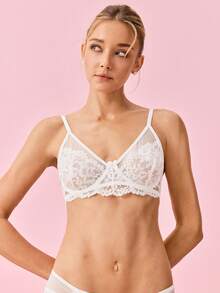 Bonmuse 女士蕾丝拼接纯色钢圈聚拢文胸，无钢圈，无衬里 - 白色 - 查看 3