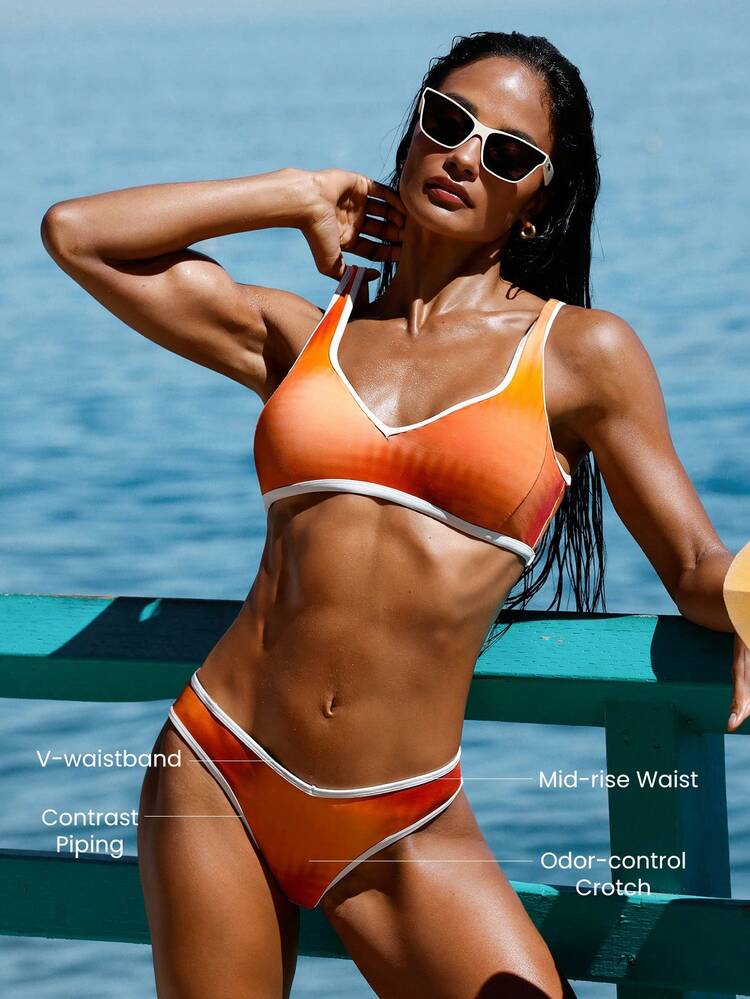 1PC Swim Collection Chlorine-Resistant Sandy Toes Mid-Rise Anti-Bacterial Lining V-Waistband Contrast Piping Bikini Bottoms Swimming Beach Pool Holiday Vacation Summer Wear