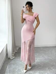 Modelyn 女士优雅不对称蕾丝拼接中长连衣裙，春夏款 - 粉色 - 查看 4