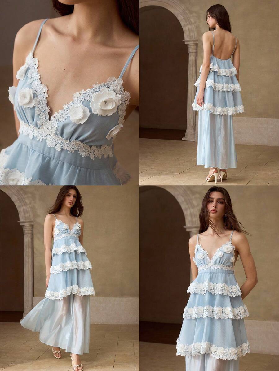PREMIUM 2026 SUMMER WOMEN'S SPAGHETTI STRAP TIERED LACE FLORAL LONG DRESS - Blue - View 1