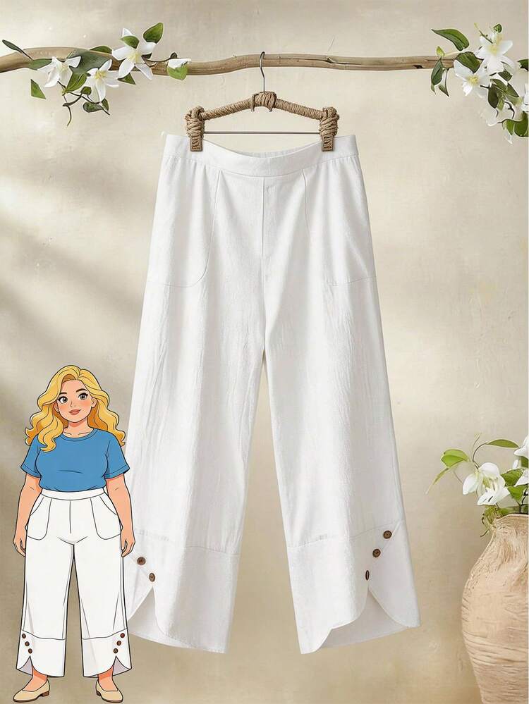 Plus Size Solid Color Loose Casual Everyday Wide Leg Pants For Summer/ Vacation Spring Country Style For Women White Pants