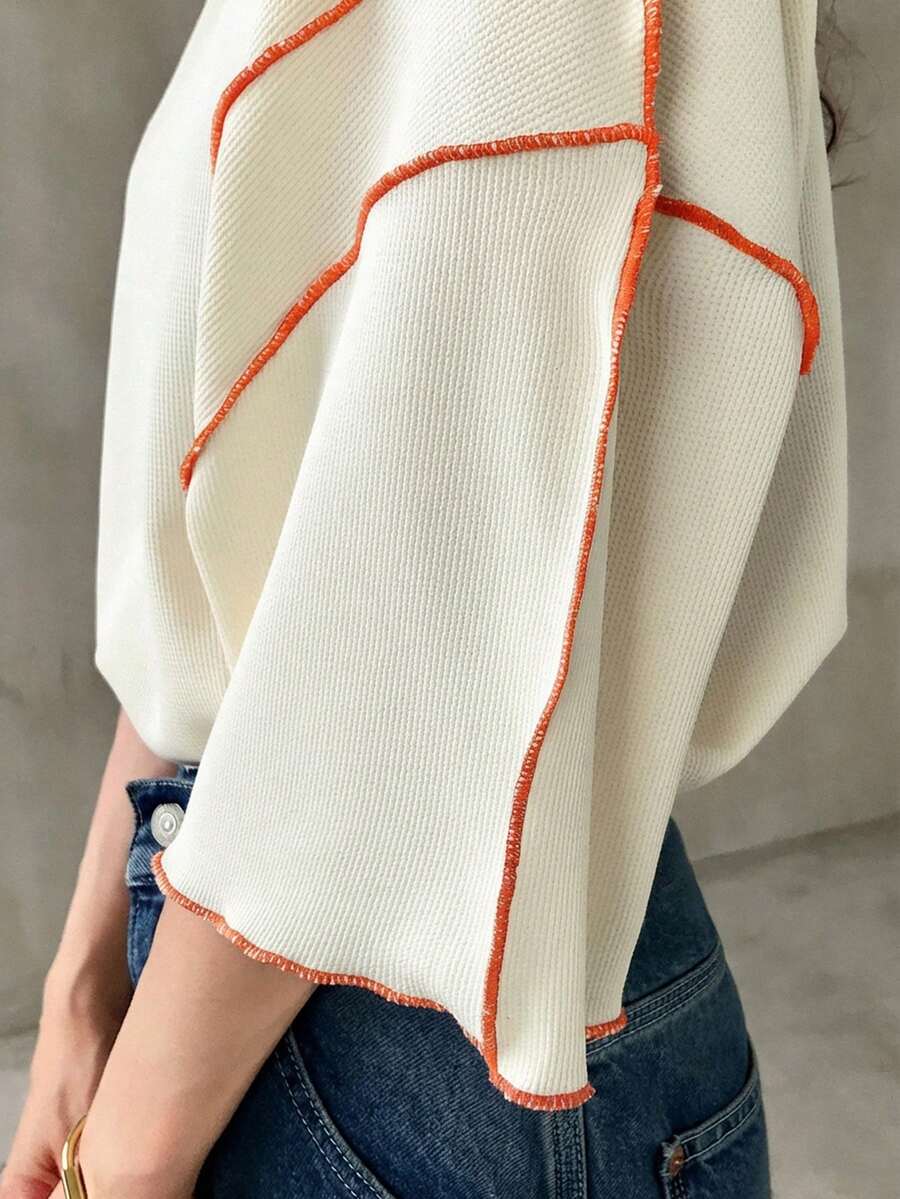 FRIFUL 女士休闲宽松撞色条纹圆领落肩上衣，百搭沙滩装 - 米色 - 查看 1