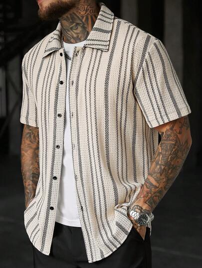 SLATEMANN Men's Casual Striped Single-Breasted Short Sleeve Shirt,Men Old Money,Daily Leisure, Weekend Trips, Outdoor Activities, Travel Expeditions, Relaxed Work Environments Or Semi-Formal Occasions, Boyfriend/Husband Gift, Anniversary /Birthday Gift Party Summer Vacation Holiday,Wedding,Spring To Summer,Easter,Y2k,Vintage,Men's Casual Shirts,Men's Streetwear Shirts,Retro Shirts For Men,Men's Striped Shirts,Men's Short Sleeve Shirts