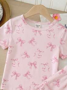 SHEIN 2件套少女时尚简约粉色蝴蝶结印花圆领针织短袖上衣和宽松舒适长裤休闲家居服套装 - 粉色 - 查看 3