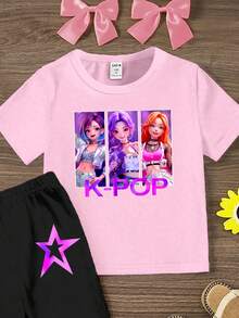 Elladie kids Spring And Summer Young Girl Casual Fashion Creative Personalized Refreshing Minimalist Cool Virtual Girl Group Pentagram Letter Slogan Graphic Print Casual T-Shirt And Flared Pants Set, Comfortable Daily Wear - Multicolor - View 4