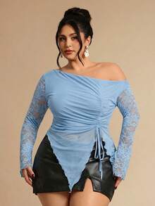 SHEIN BAE ملابس علوية نسائية كبيرة الحجم من الشبك مع فيونكة، أنيقة لحفلات الصيف والعطلات، مناسبة لعيد الحب وعيد الميلاد - أزرق فاتح اللون - مشاهدة 5
