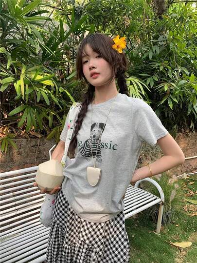 K-Vae 女士狗狗印花宽松休闲百搭短袖T恤