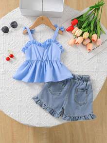 SHEIN Girlhood Core Young Girl' Casual Collegiate Style Red Camisole And Blue Washed Denim Shorts With Cherry Print 2-Piece Set - Multicolor - View 2