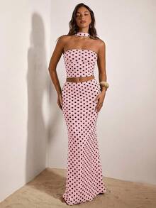 Opulessa Bộ đồ 2 món Vacation Knit họa tiết chấm bi cổ điển gồm áo tank top ngắn ôm dáng và chân váy đuôi cá cạp thấp dành cho nữ. - Hồng - Xem 4