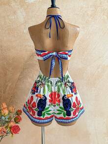 Soleia Women's Palm Tree Print Halter Romper - Multicolor - View 2