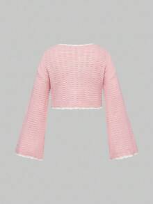 ROMWE Áo khoác cardigan dệt kim màu hồng cỡ lớn, kiểu dáng lãng mạn Kawaii dễ thương, tay loe, viền bèo nhún, có nơ, dành cho nữ, áo khoác ngoài tay dài thanh lịch cho mùa thu/đông. - Hồng - Xem 2
