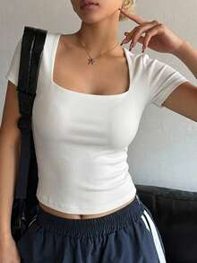DAZY 女士方领短袖修身T恤 可爱上衣 夏季 - 杏色 - 查看 6