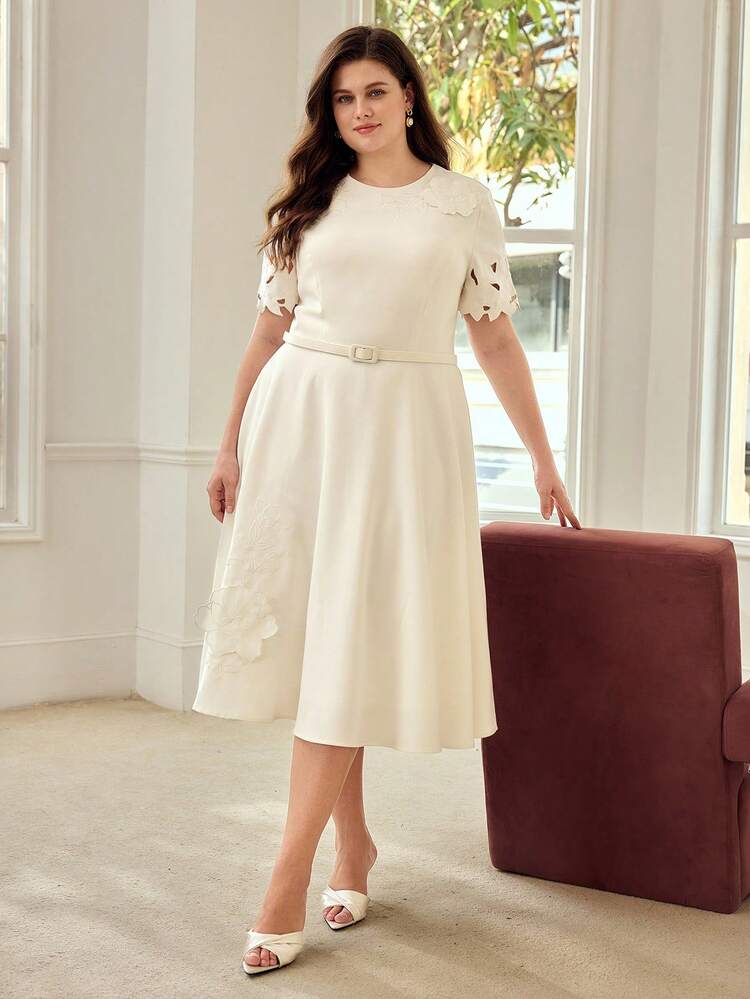 PLUS SIZE WOMEN'S EMBROIDERED MID-LENGTH DRESS, SPRING/SUMMER