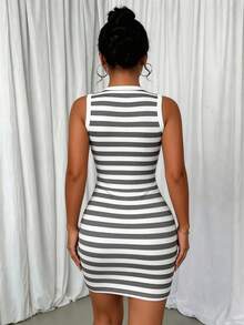 Selianne Black And White Striped Bodycon Mini Dress Everyday Summer Sexy - Dark Grey - View 2