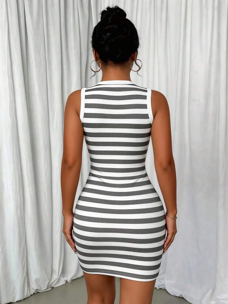 bodycon black and white striped dress Black & White Stripe Sleeveless Bodycon Midi Dress Black/White / L