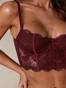 SHEIN BAE 2件套女士浪漫白色长款文胸内衣套装 - 中紫紅色 - 查看 7