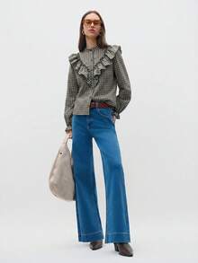 Nöista Green Plaid Autumn Cottage Core Brunch Blouse With Ruffle Trim,Button-Front Design,Long-Sleeve,Relaxed Feminine Silhouette,Spring Casual Y2K Outfit - Army Green - View 5