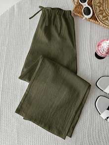SHEIN Tween女孩休閒極簡舒適中腰直筒百搭長褲 軍綠色 秋冬穿搭 - 軍綠色 - 查看 5