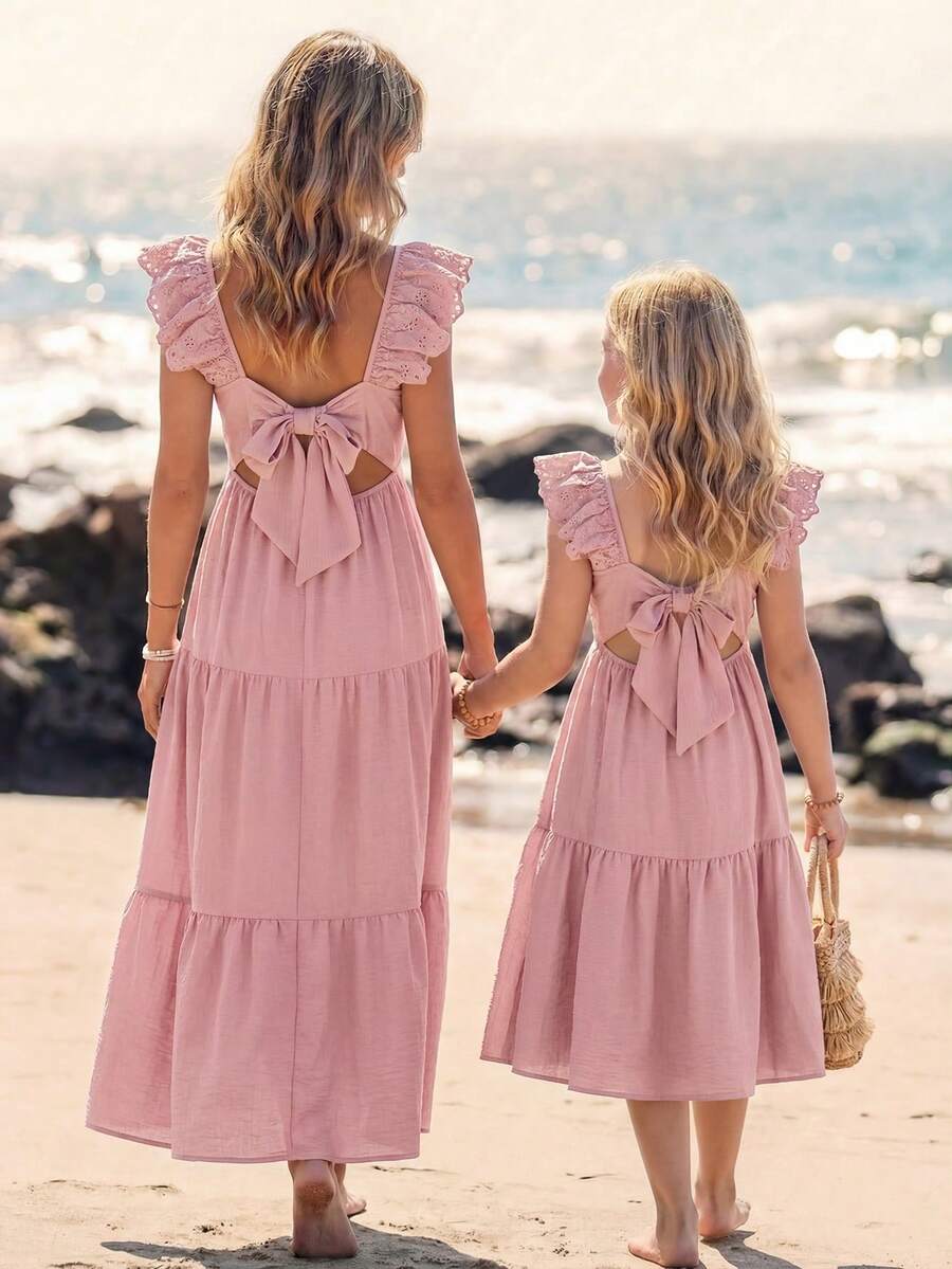 Emery Rose Kids Emery Rose Kids Đầm dệt trơn cổ vuông viền bèo cho bé gái tuổi teen màu be, đầm màu be cho bé gái, đầm màu sâm panh cho bé gái tuổi teen, đầm xếp nếp cho bé gái - Hồng - Xem 1