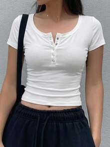 Dazy Star Camiseta de manga corta de unicolor casual, versátil para el verano - Blanco - Ver 4