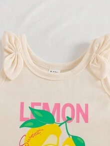 SHEIN Playful Pals Baby Girls' Casual Cute Bow Vest And Lemon Print Shorts Set, Spring/Summer - Blue - View 4