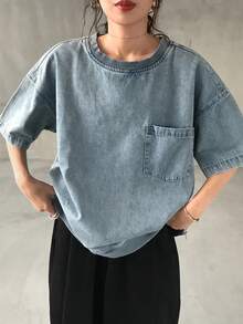 FRIFUL 女式圆领落肩袖侧拉链设计牛仔衬衫 - 藍色 - 查看 4