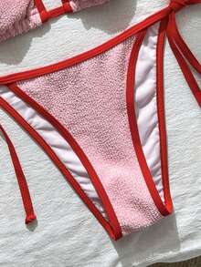 Swim Mod Bộ bikini hai mảnh vải jacquard buộc cổ cho nữ, bộ bikini đi nghỉ mát mùa xuân/hè, đồ bơi đi biển cho nữ, bộ bikini cho nữ, bikini dây, bikini màu hồng, đồ bơi, bộ bikini che phủ, trang phục đi nghỉ mát cho nữ. - Hồng - Xem 5