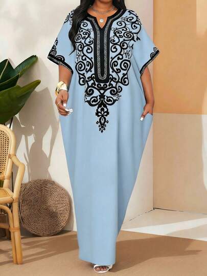 SHEIN Lady Women's Floral Print V-Neck Batwing Sleeve Pocket Dress, Vacation Style