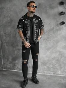 SLATEMANN 男士佩斯利印花纽扣前开襟休闲短袖衬衫 - 黑色 - 查看 6