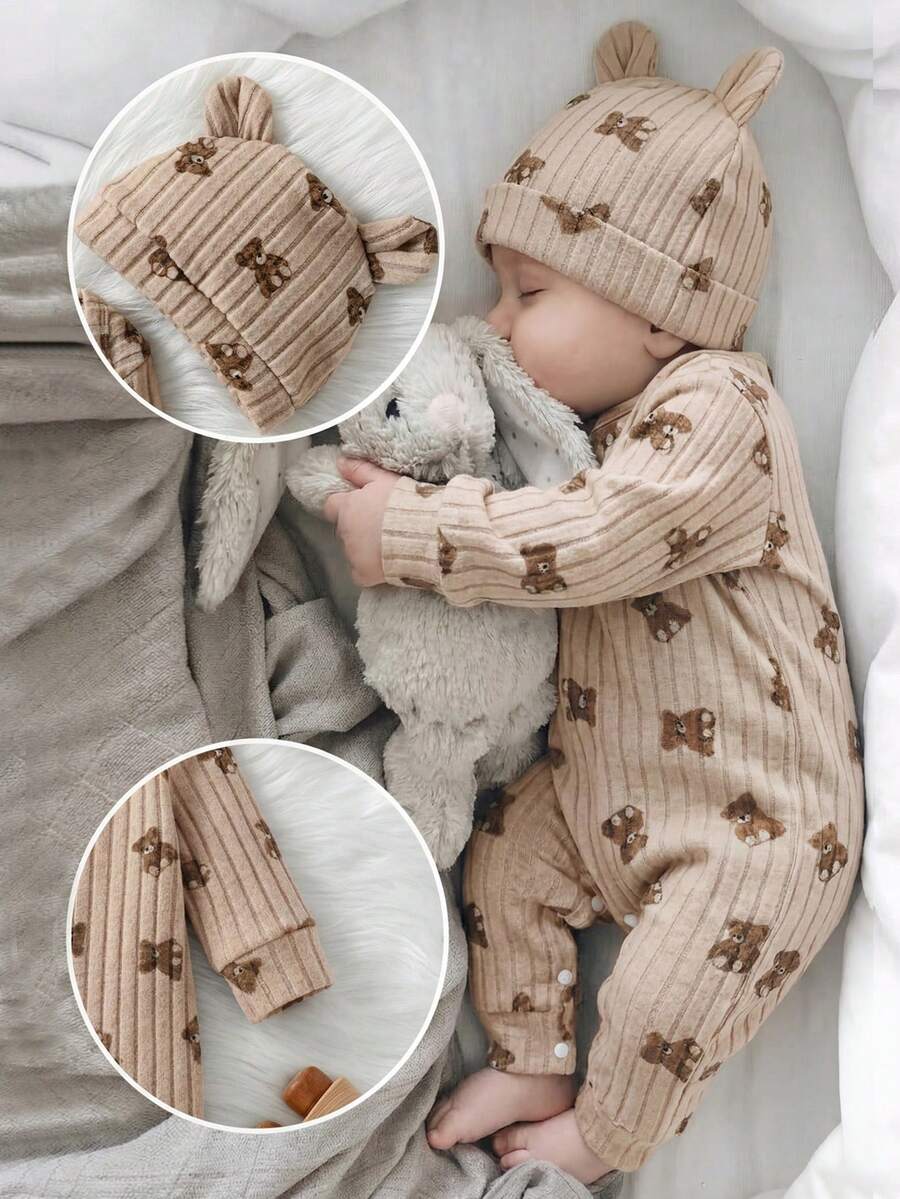 SHEIN 2pcs Baby Boy Bear Print Long Sleeve Romper & 3D Bear Ear Hat Set, Infant Outfits Suitable For Casual, Outdoor, Vacation, Unisex Versatile - Khaki - View 1
