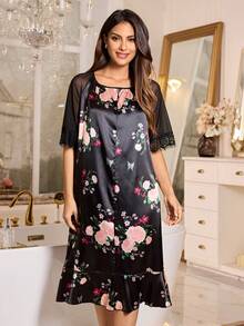 LuxeNights 蝴蝶玫瑰印花缎面面料，网纱蕾丝拼接优雅短袖女士睡裙 - 黑色 - 查看 4