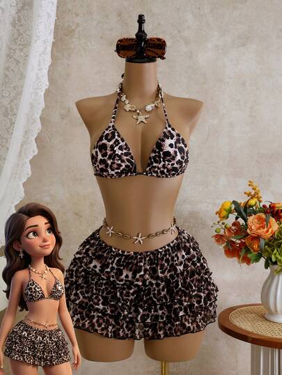 Bellisia Swim SXY 3pcs Elegant, Sweet And Sexy Leopard Print Bikini Set, Paired With A Cake Dress Style Swimsuit