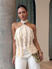 LHSEPT Áo ba lỗ cổ đứng viền bèo nhún nhiều lớp thanh lịch dành cho nữ - Màu be - Xem 6